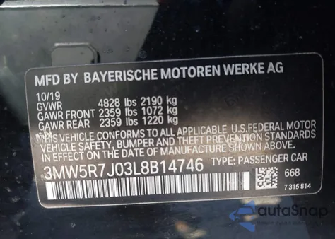 2020 BMW 3 Series 330I xDrive z USA, uszkodzony, nr VIN 3MW5R7J03L8B14746